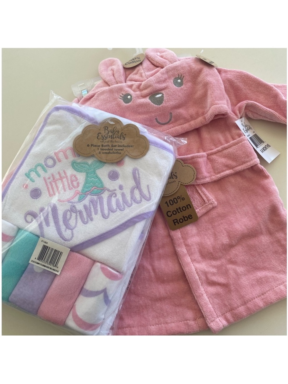 NWT Terry Hooded Bunny Robe & Towel Set in Pink & Purple by Baby Essentials